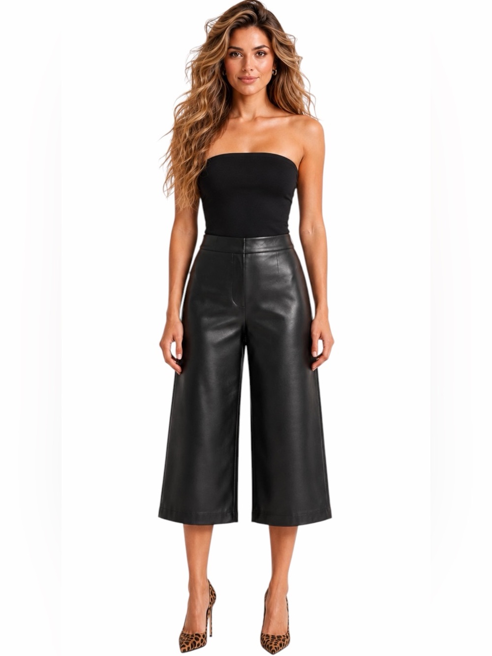 SPANX – Leather-Like Culottes Wide Leg Crop Pants – Black – Sz. M